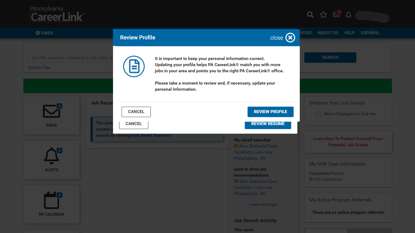 Screenshot of a pop up message about updating information on the CareerLink work registration portal.