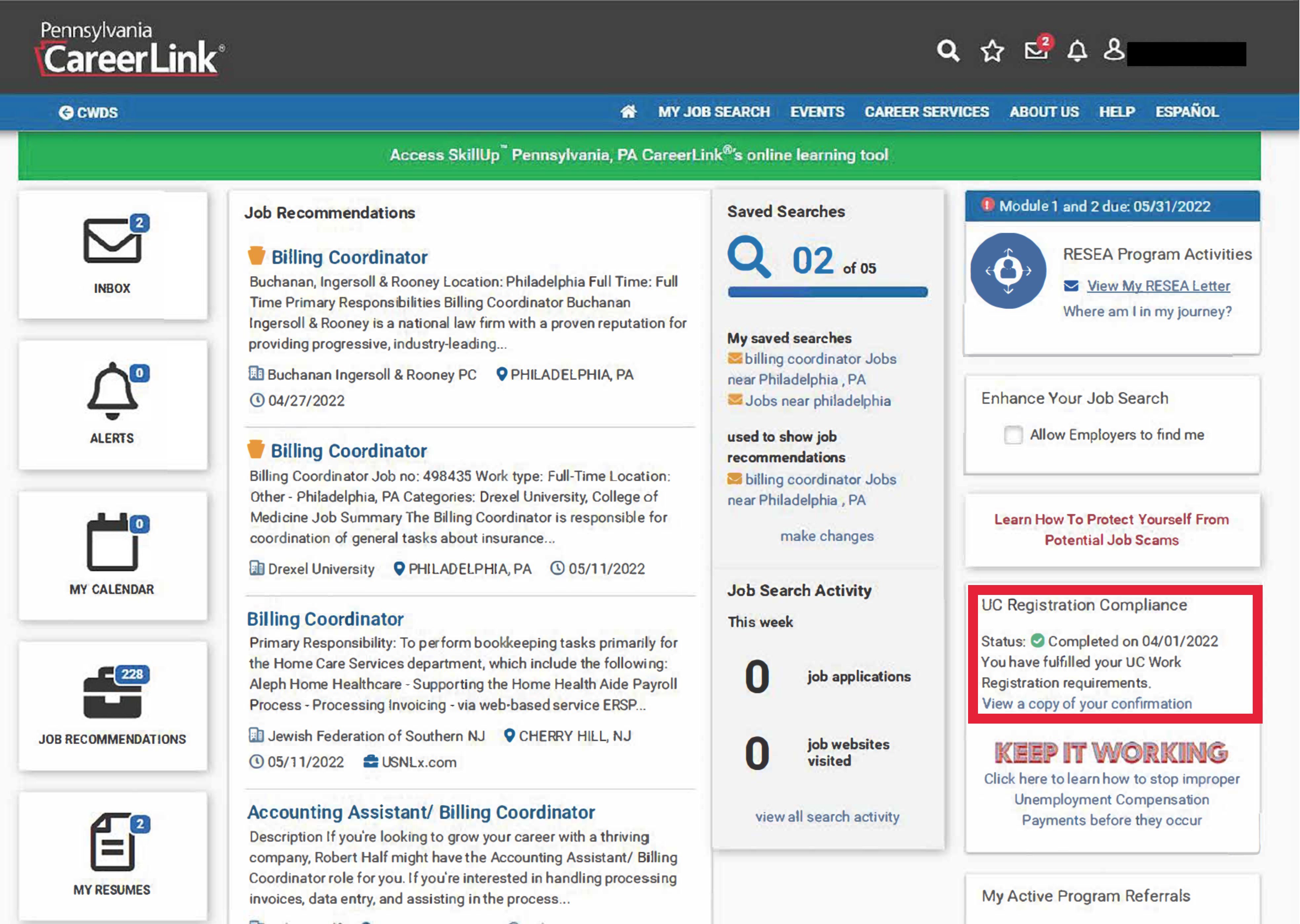 Screenshot of the CareerLink work registration portal, with the UC Registration Compliance section outlined in red.