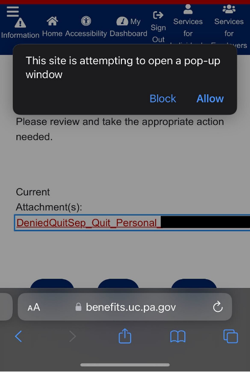 Message that asks for permission to allow a pop-up window.